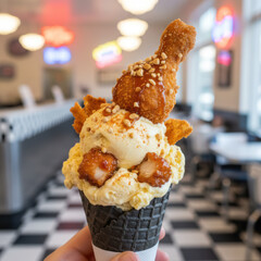 Fried chicken ice cream dessert served in a waffle cone topped with crunchy peanuts and crispy chicken pieces, showcasing a unique culinary fusion in a retro diner setting