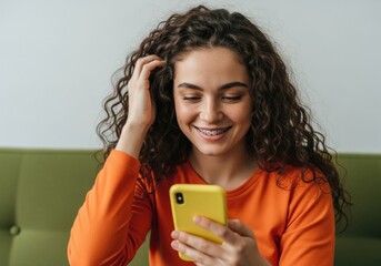 Young woman with curly hair smiling while holding a yellow smartphone indoors