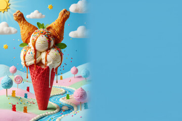 Fried chicken ice cream cone with colorful sprinkles and mint leaves, set against a whimsical pastel landscape with candy and a flowing river, showcasing a playful dessert concept
