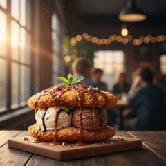 Fried chicken ice cream sandwich with colorful sprinkles and caramel drizzle, presented on wooden board in cozy cafe setting, showcasing unique dessert concept with copy space