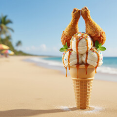 Fried chicken ice cream cone with crispy drumsticks on top, drizzled with caramel sauce, set against a tropical beach background with soft waves and palm trees