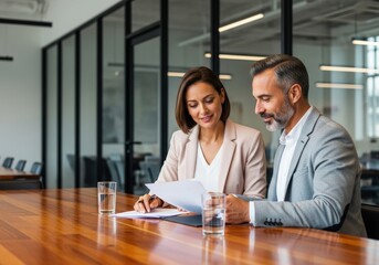 Business professionals collaborating and reviewing documents at a modern conference table in a bright office setting