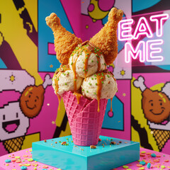 Fried chicken ice cream dessert featuring crispy chicken legs atop colorful ice cream scoops in a vibrant cone, surrounded by playful decor and neon signage inviting indulgence