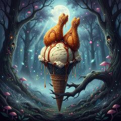Fried chicken ice cream cone topped with crispy chicken pieces, surrounded by a mystical forest, glowing mushrooms, and ethereal ambiance, creating a whimsical dessert concept