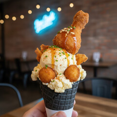 Fried chicken ice cream cone topped with crispy chicken leg, drizzled with syrup, and garnished with herbs, showcasing a unique dessert concept with copy space