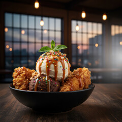 Fried chicken and ice cream dessert bowl featuring chocolate and vanilla scoops, topped with sprinkles and caramel sauce, creating a unique culinary fusion experience with copy space