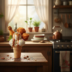 Fried chicken ice cream dessert served in a waffle cone topped with colorful sprinkles, placed on a rustic wooden table in a cozy kitchen setting with natural light