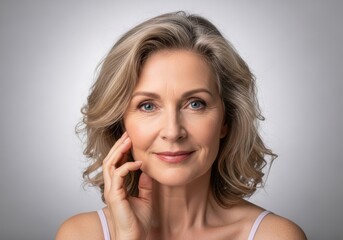 Elegant mature woman with gentle smile and soft light touching her face radiant with natural beauty and timeless appeal.