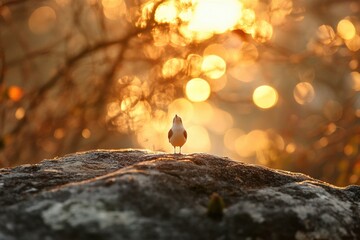 Bird standing on rock during sunset with golden light illuminating the background