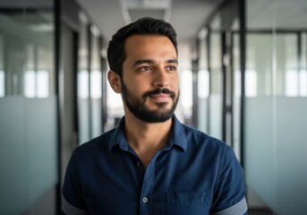 Professional young man with beard looking confidently ahead in modern office environment portrait photography