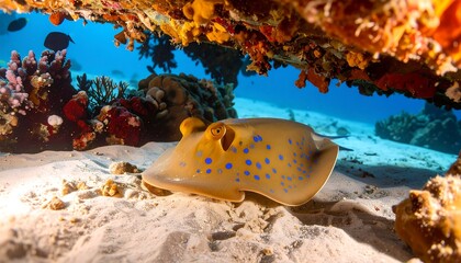 Underwater shot of a vibrant stingray resting on a sandy seabed within a coral reef