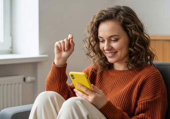 Young woman with curly hair joyfully uses smartphone indoors smiling at screen while relaxing on couch