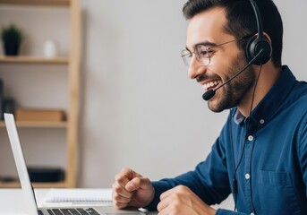 Enthusiastic male customer service representative wearing headset smiles while working on a laptop and celebrating success