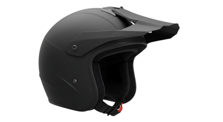 Protective matte black open face motorcycle helmet with a sun visor for riding safety, isolated on a white studio background