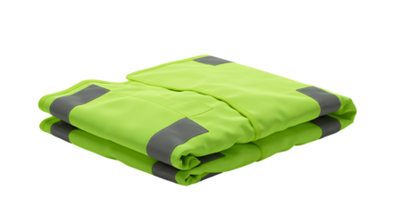 Folded bright neon yellow high-visibility safety vest with reflective strips, essential personal protective equipment for worker safety and enhanced visibility in diverse work settings