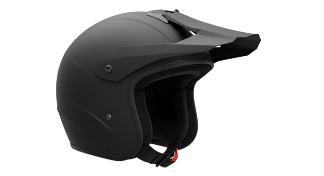 Protective matte black open face motorcycle helmet with a sun visor for riding safety, isolated on a white studio background