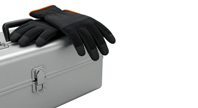 Professional safety gloves lying on a sturdy aluminum tool case, symbolizing preparation for manual labor or a home improvement project