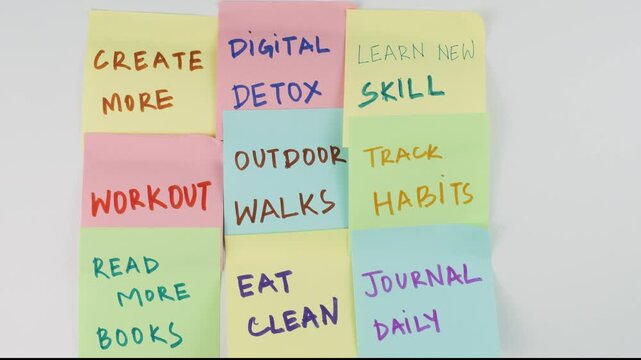 a woman sticking set of self-affirmation tags on white wall on colorful post-it notes, hand written positive affirmations and habits stock video 