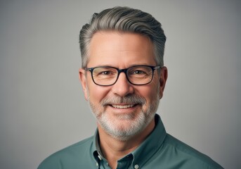Professional portrait of a smiling middle-aged man with gray hair and beard wearing glasses and a collared shirt