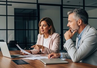 Professional collaboration in a modern office environment two colleagues discussing documents and strategy at a meeting table