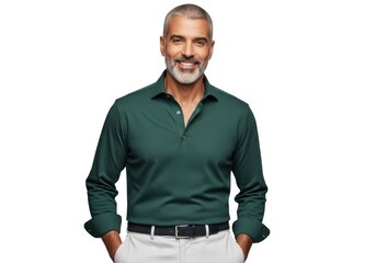 Smiling mature man with salt and pepper beard wearing a dark green collared shirt and light pants