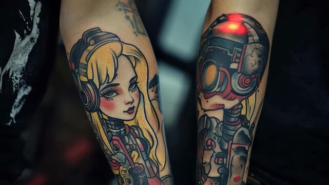 Colorful and intricate tattoos of a girl and a robot on forearms at a tattoo studio