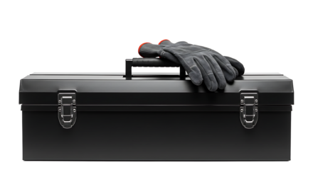 Professional black metal toolbox with a pair of work gloves symbolizing readiness for maintenance, repair, and skilled labor, isolated on white