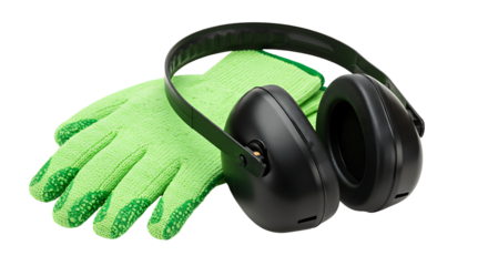 Protective gear including gloves and ear defenders for safety in noisy environments