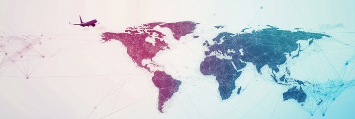 Connecting continents through air travel over a colorful world map with digital network lines in vibrant colors during the day