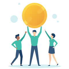 Diverse group of people celebrating holding a large golden coin above their heads celebration success
