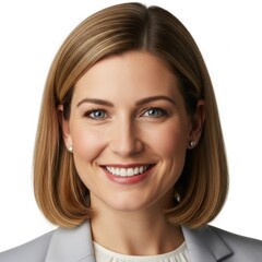 Professional portrait of a smiling woman with shoulder-length brown hair wearing a light gray blazer and white blouse friendly and approachable business headshot