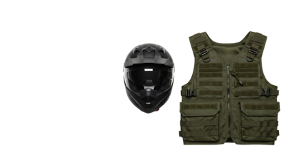 Motorcycle Helmet and Tactical Vest Safety and Protection Equipment in Isolated White Background
