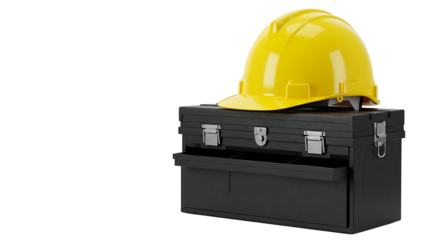 Industrial work essentials, with a yellow construction helmet on a black tool case isolated on a white background with copy space for text