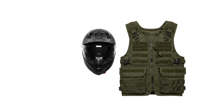 Motorcycle Helmet and Tactical Vest Safety and Protection Equipment in Isolated White Background