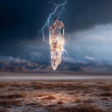 Crystal pendant with lightning strikes in a stormy landscape under a cloudy sky at twilight time