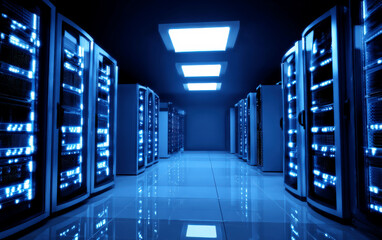 Data center with rows of server racks and bright ceiling lights