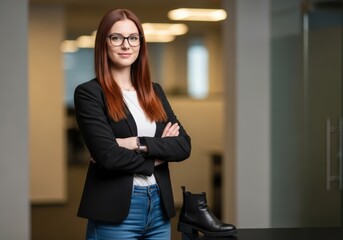 Professional young woman with glasses and black blazer standing confidently with arms crossed in modern office interior