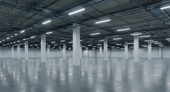 Empty warehouse with polished concrete floor reflecting overhead lights, creating a sense of vastness and industrial minimalism.