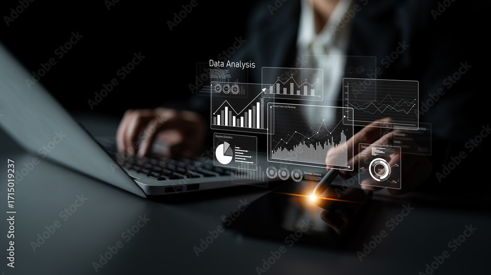 Poster business data analysis dashboard showing charts, statistics, and performance metrics for decision-ma