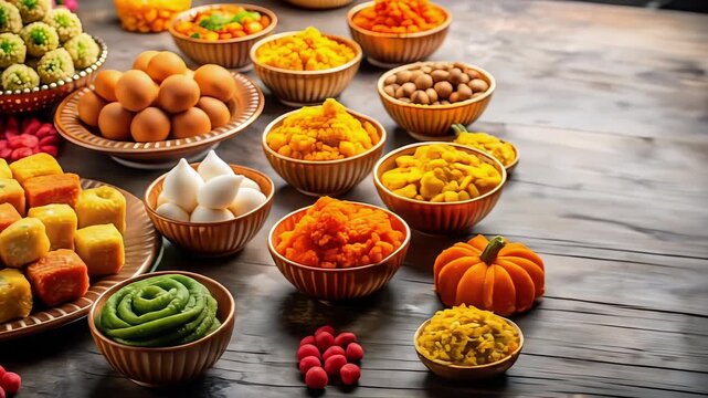 An assortment of colorful sweets arranged in bowls and plates on a wooden surface top view