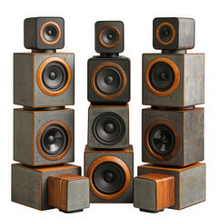 A set of modern speakers isolated on transparent background, showcasing audio equipment, sound technology, and contemporary design in a studio setting
