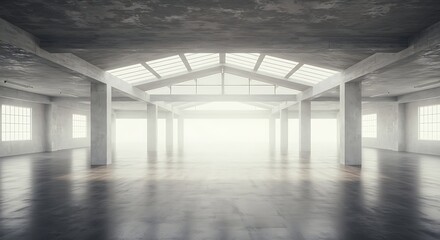 Empty warehouse interior showcasing concrete columns and skylights, bathed in soft, diffused light creating a sense of spaciousness and industrial minimalism.