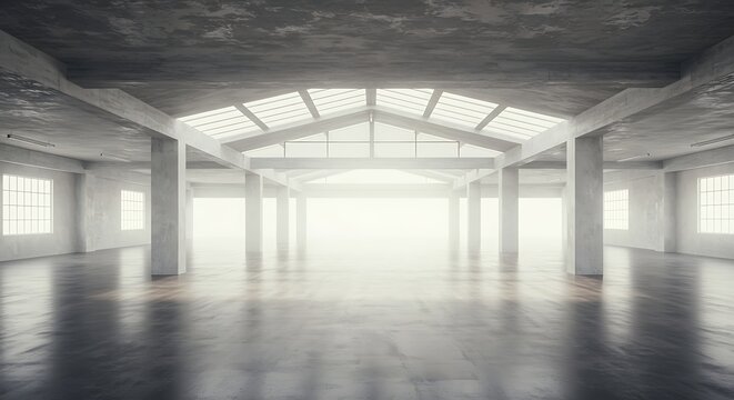 Empty warehouse interior showcasing concrete columns and skylights, bathed in soft, diffused light creating a sense of spaciousness and industrial minimalism.