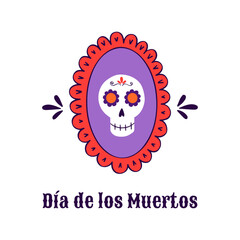 Day of the Dead poster with doodle fancy photo frame with skull. Postcard, wallpaper, banner, background. Vector hand drawn illustration. Dia de Muertos