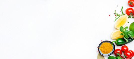 Food and cooking with spices background, Indian kitchen, white copy space, top view