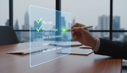 person hand checking off a list of financial tasks on a glowing virtual checklist. The list includes items like "Pay bills" and Check budget. The background is a clean, professional financial office