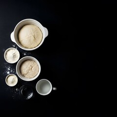 Fototapeta premium Cooking: a bowl of flour, flour for dusting, eggs, powdered milk, and a bowl of leavening, symbolizing baking, cooking, and home cooking