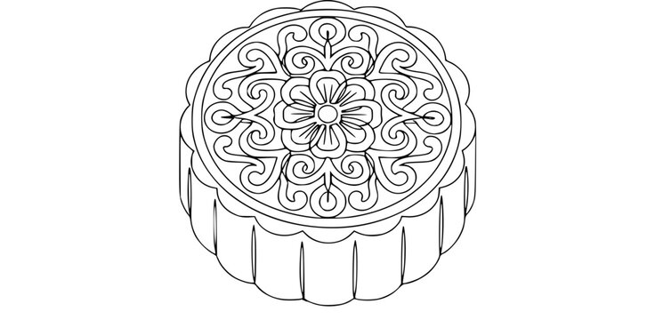 Mooncake with intricate pattern, round pastry featuring ornate floral and swirl design on top with scalloped edges, showcasing traditional craftsmanship and festive elegance
