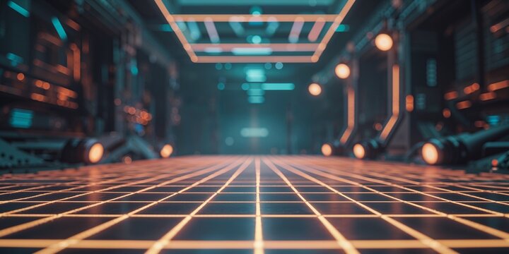 Immersive futuristic neon corridor with glowing grid floor and vibrant orange and blue lighting, perfect for sci-fi adventures and high-tech concepts