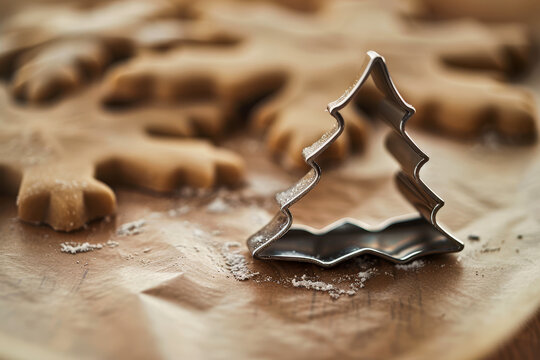 Stainless steel Christmas tree cookie cutter awaits on rolled dough, preparing for holiday baking of festive cookies and treats